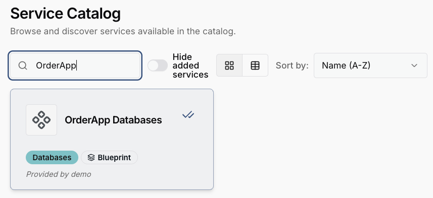 OrderApp Databases in the service catalog
